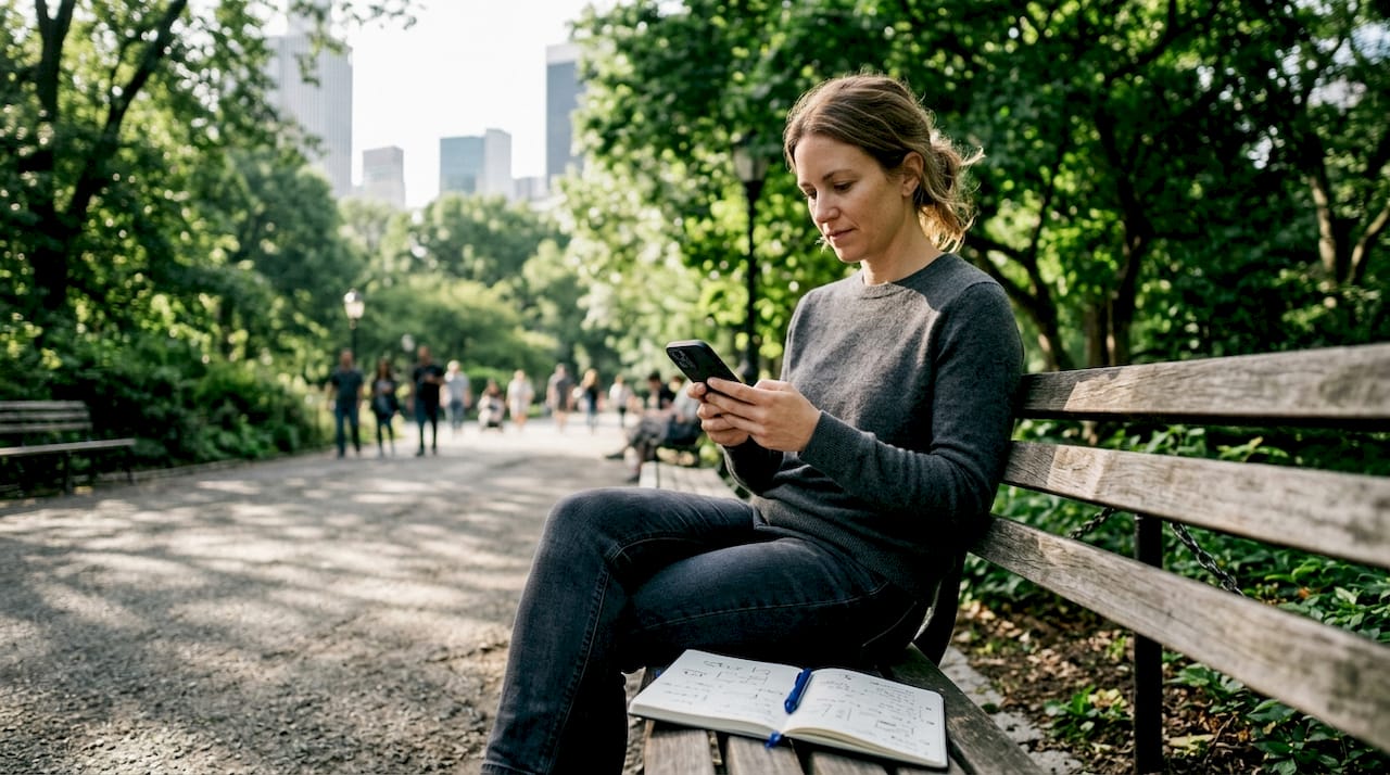 Une entrepreneuse parcourt les réseaux sociaux sur son smartphone pour choisir les plateformes les plus adaptées à son activité.