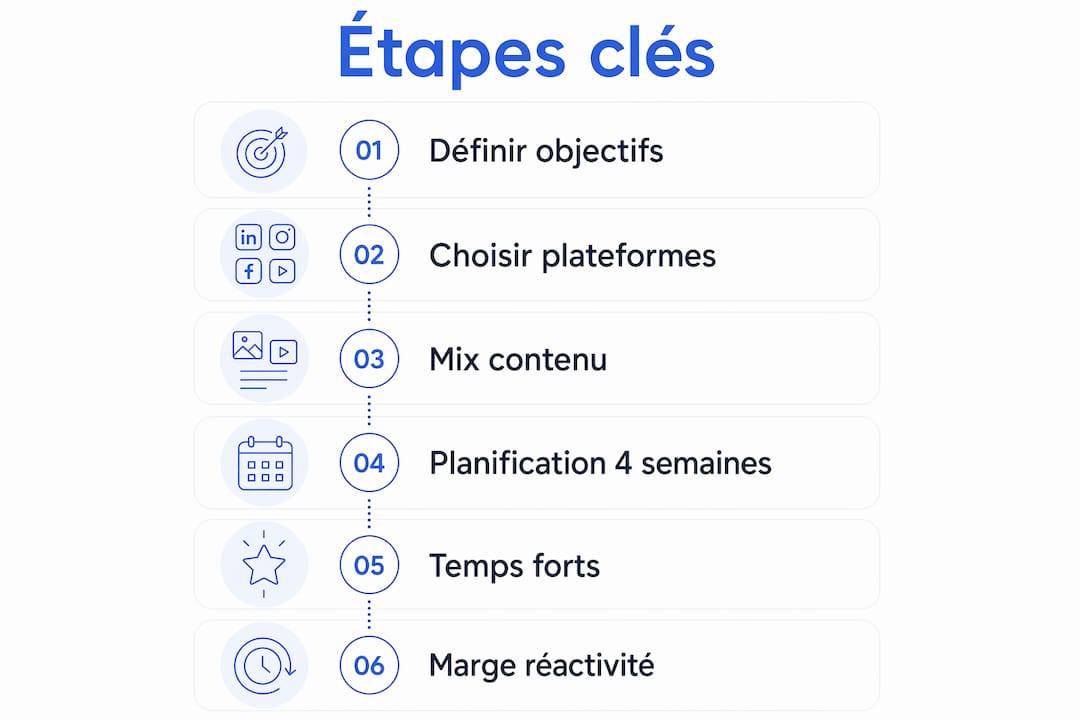 Schéma récapitulatif des grandes étapes pour élaborer un calendrier social media adapté aux PME