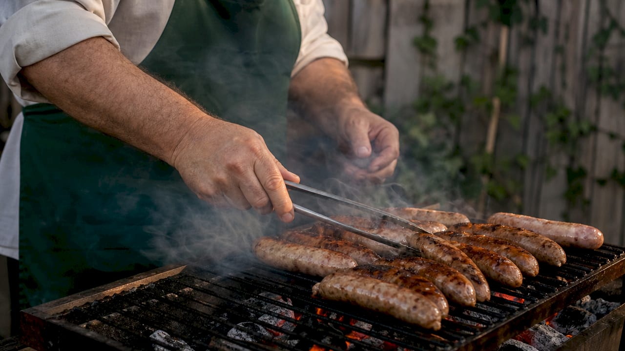 Chef grilling fresh botifarra over charcoal embers