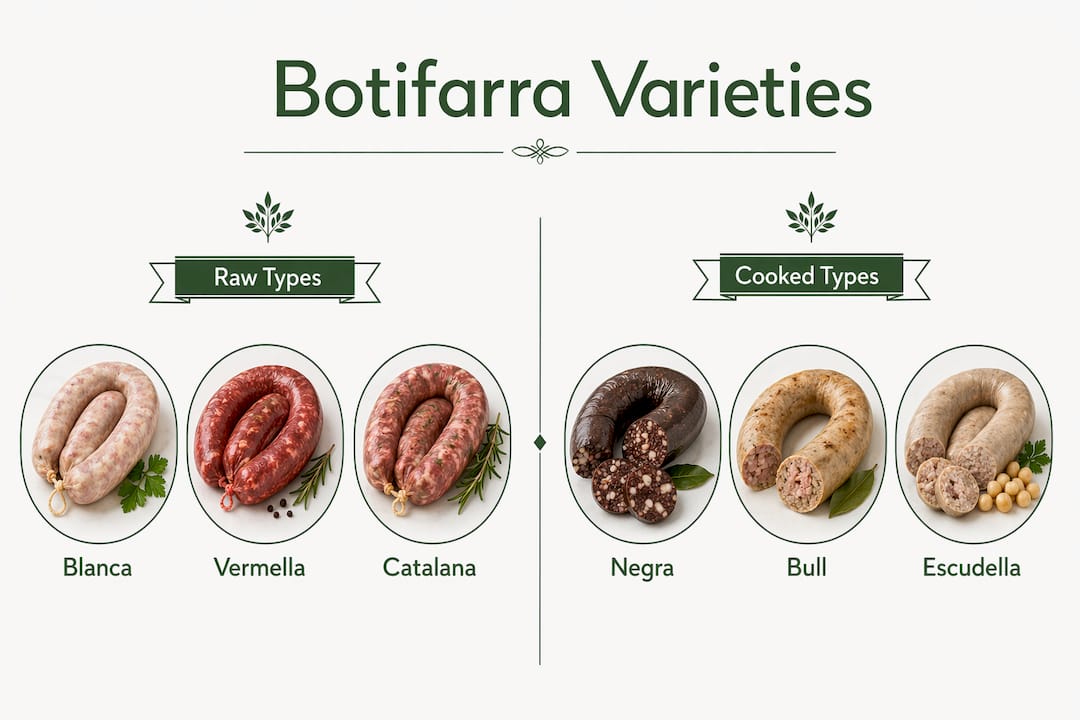 Infographic comparing raw and cooked botifarra sausage types