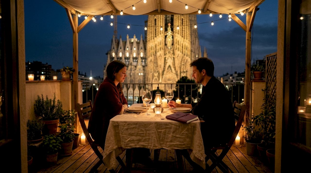 Cena romántica en una terraza con vistas a la Sagrada Familia