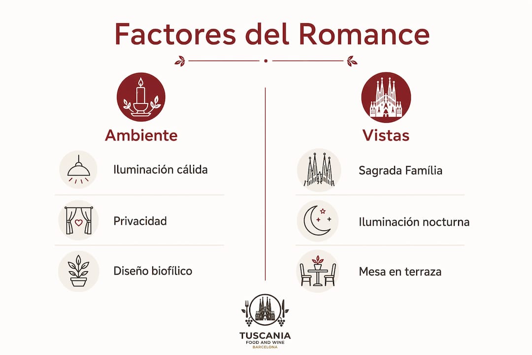 Infografía sobre los elementos clave que crean un ambiente romántico en una cena