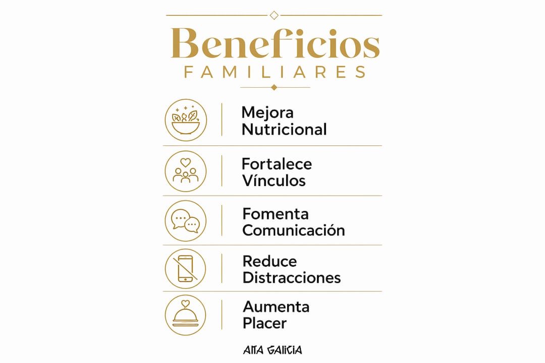 Infografía en formato vertical que destaca las ventajas de compartir la comida en familia