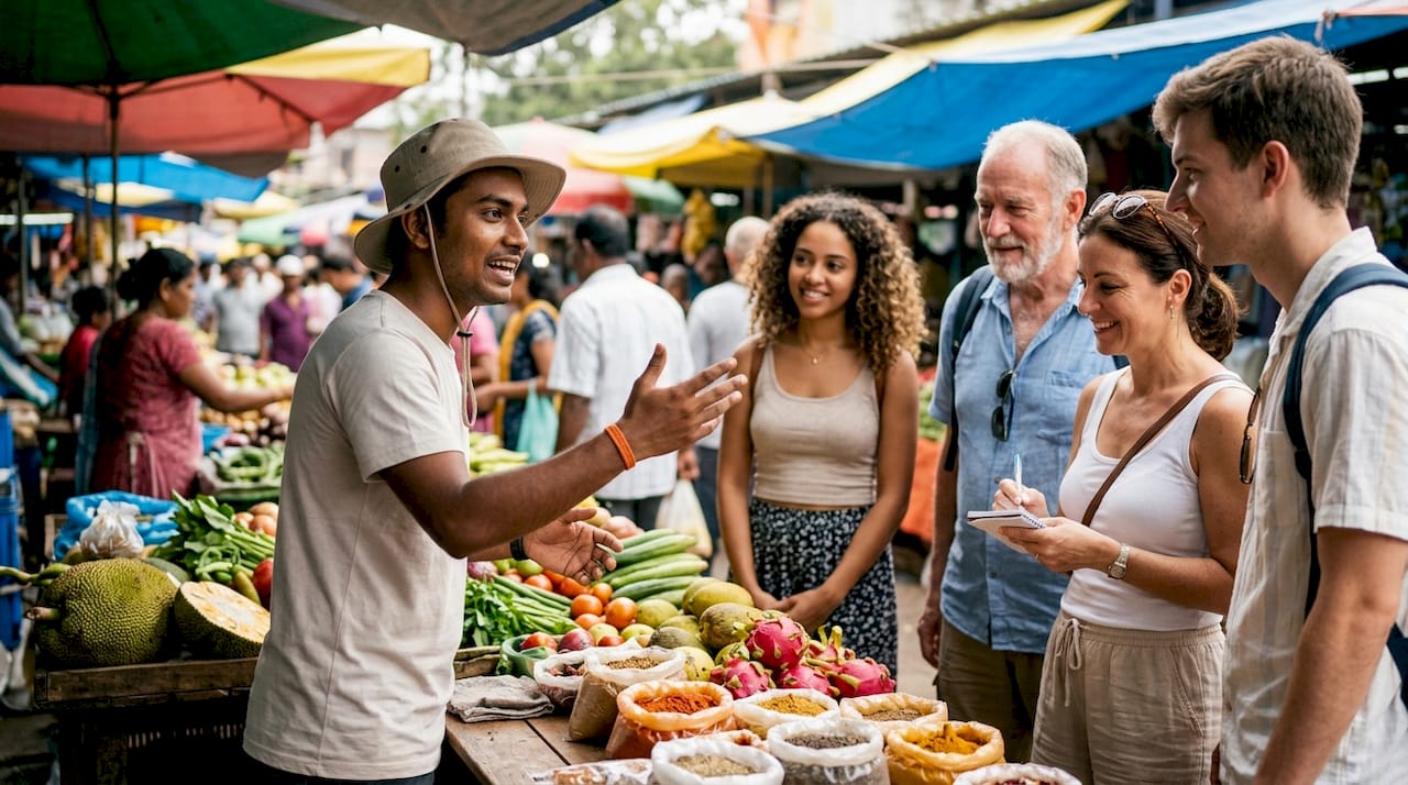 Guía acompañando a un grupo variado de personas en un recorrido gastronómico