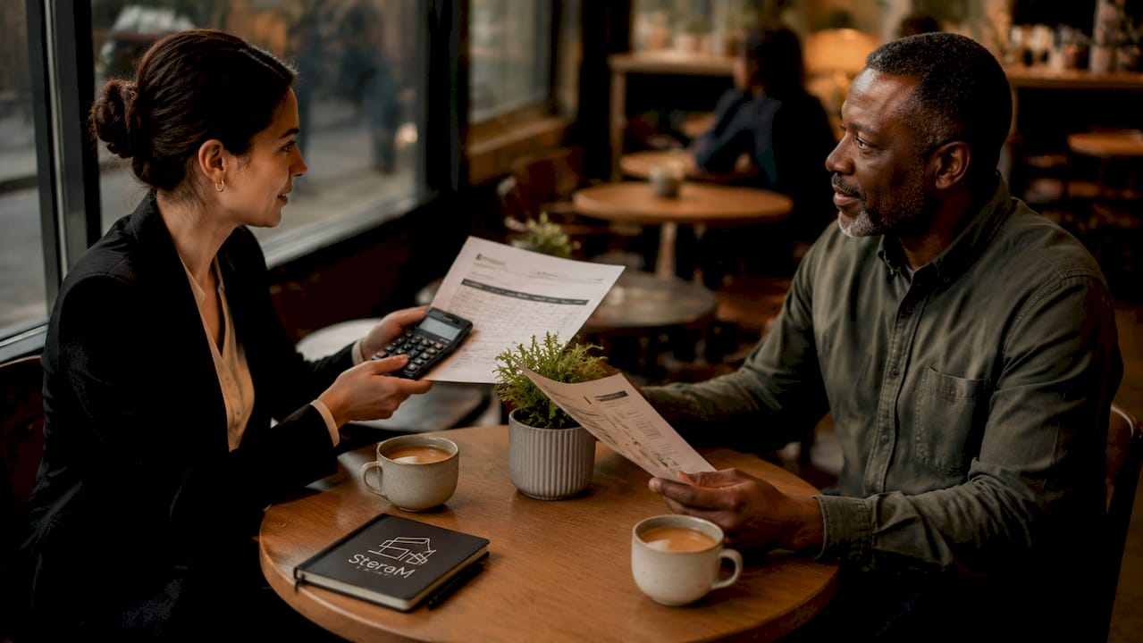 Hands exchanging real estate advisory and agent documents