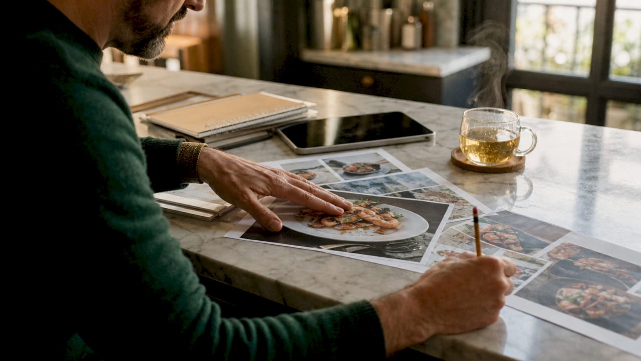 Hands arranging seafood menu designs
