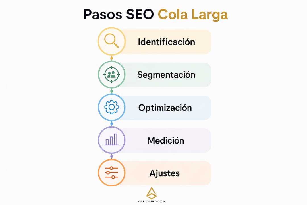 Infografía con los pasos clave para potenciar el posicionamiento SEO de contenidos orientados a palabras clave de cola larga