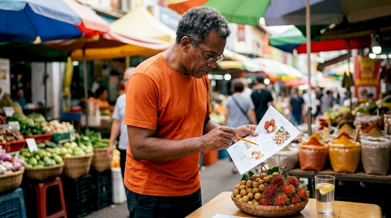 Especialista en nutrición analizando gráficos sobre los valores nutricionales de frutas exóticas.