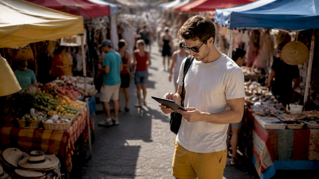 Un hombre utiliza su tablet para hacer una reserva en un restaurante.