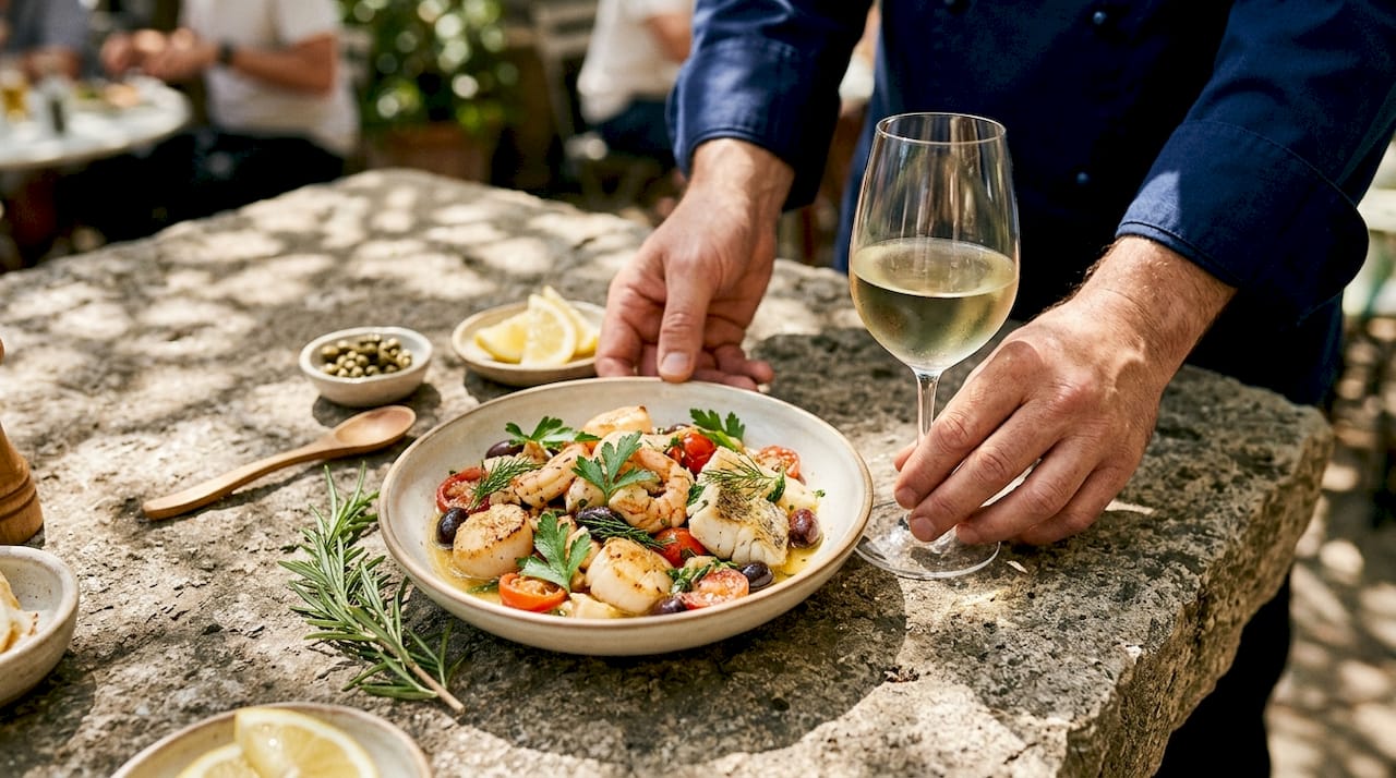 Chef pairing wine with Mediterranean seafood dish