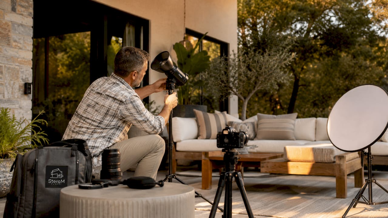 Real estate photographer setting up lighting indoors