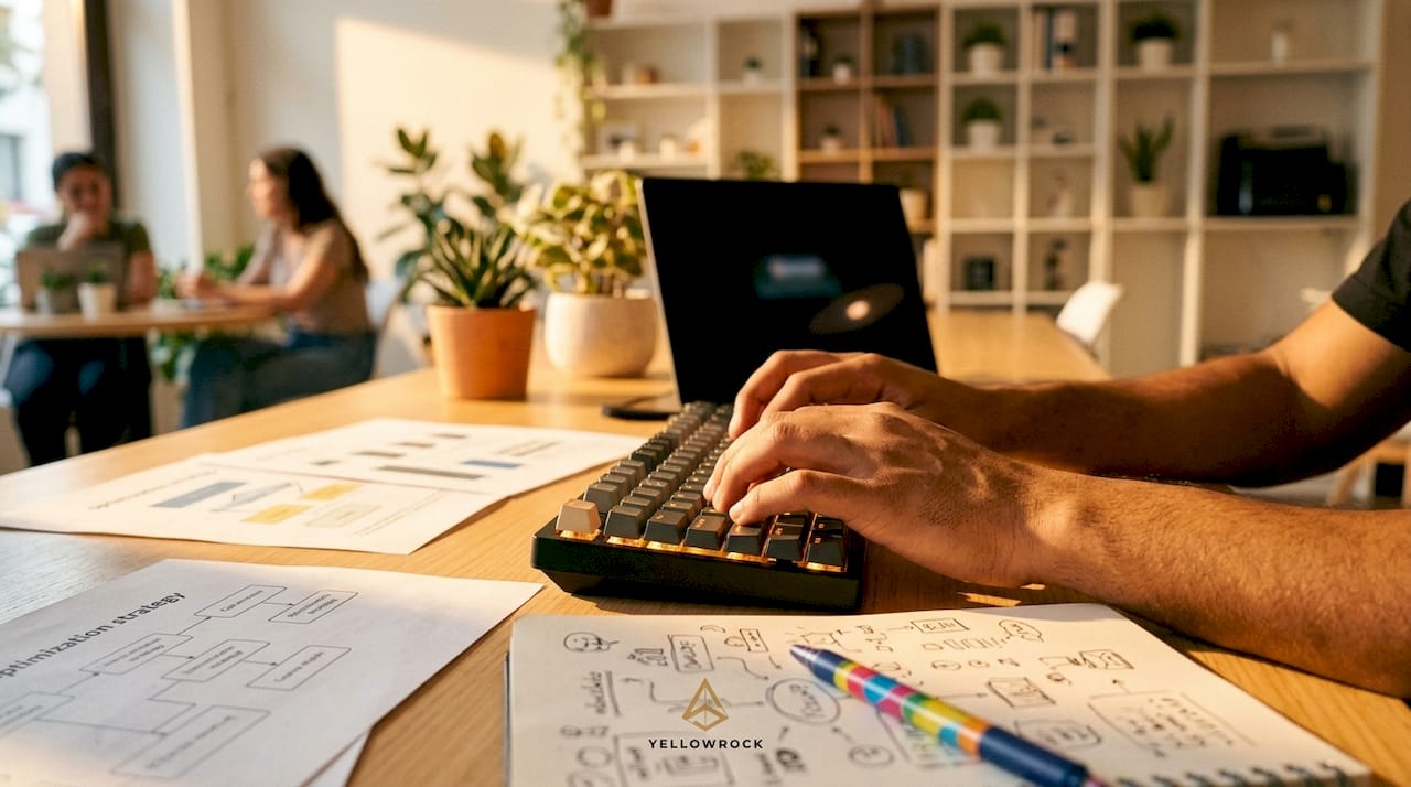 Manos escribiendo en el teclado, optimizando contenido para SEO con inteligencia artificial
