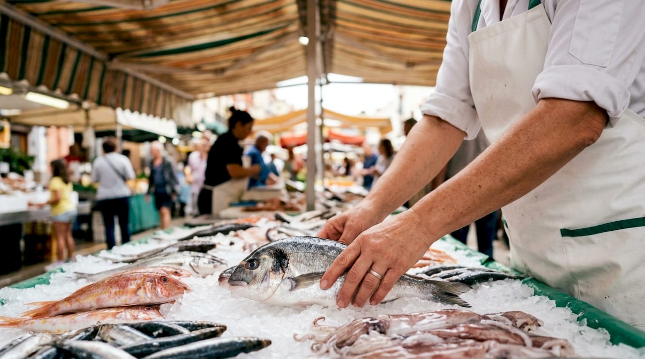Chef selecting fresh fish at market