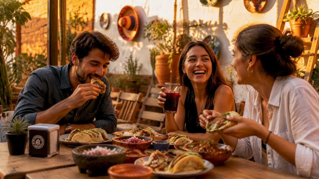 Ambiente animado en la taquería de Sant Antoni, donde los clientes disfrutan de sus tacos favoritos.