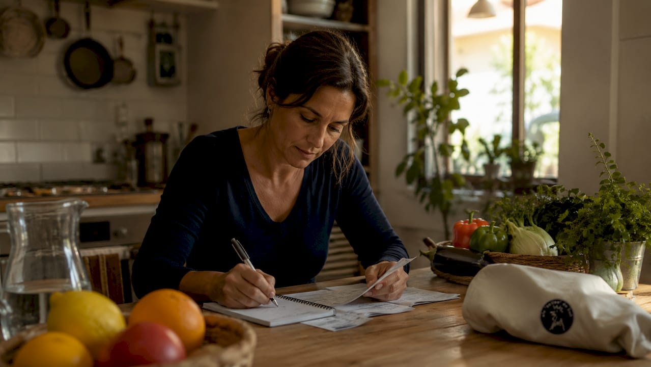 Mujer revisando cuánto dinero ahorra preparando sus comidas en casa