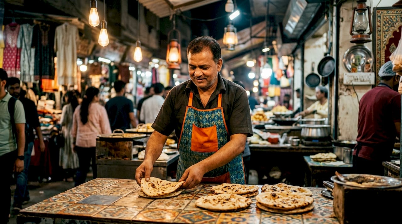 Un chef horneando pan naan en un horno artesanal.