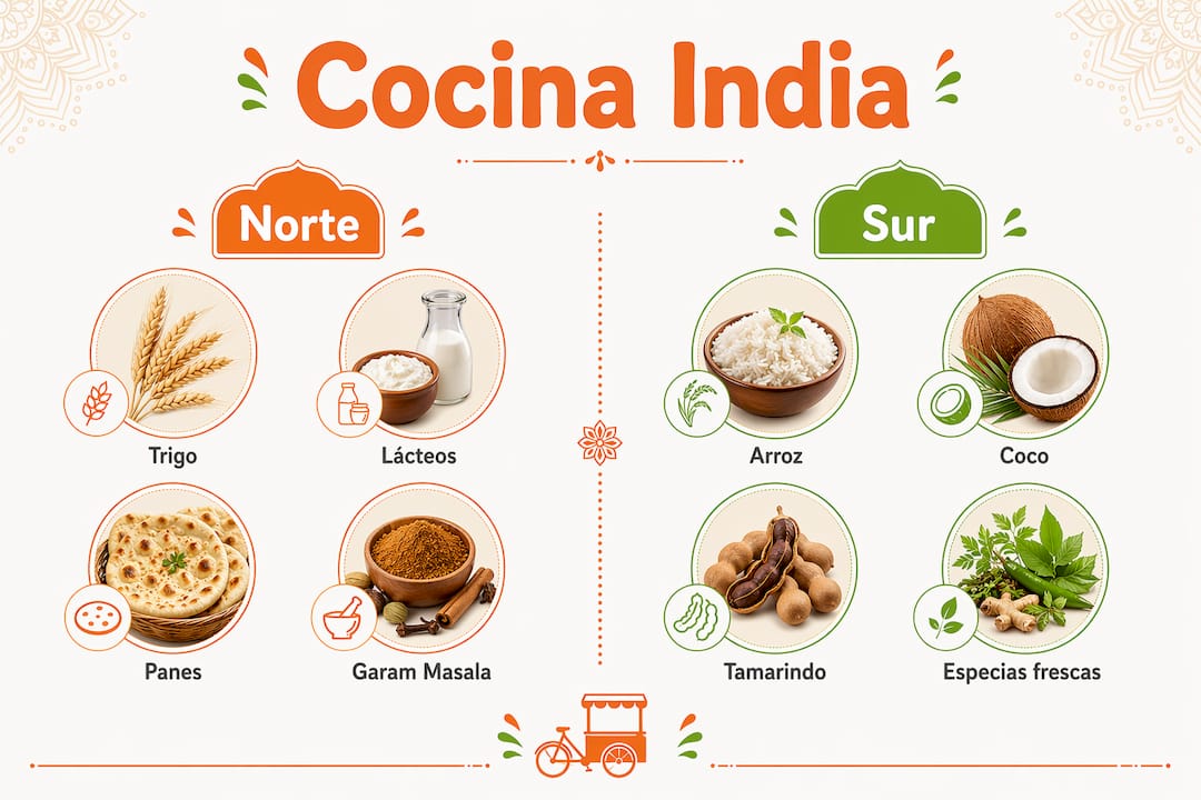 Infografía que muestra las diferencias entre la gastronomía del norte y del sur de la India