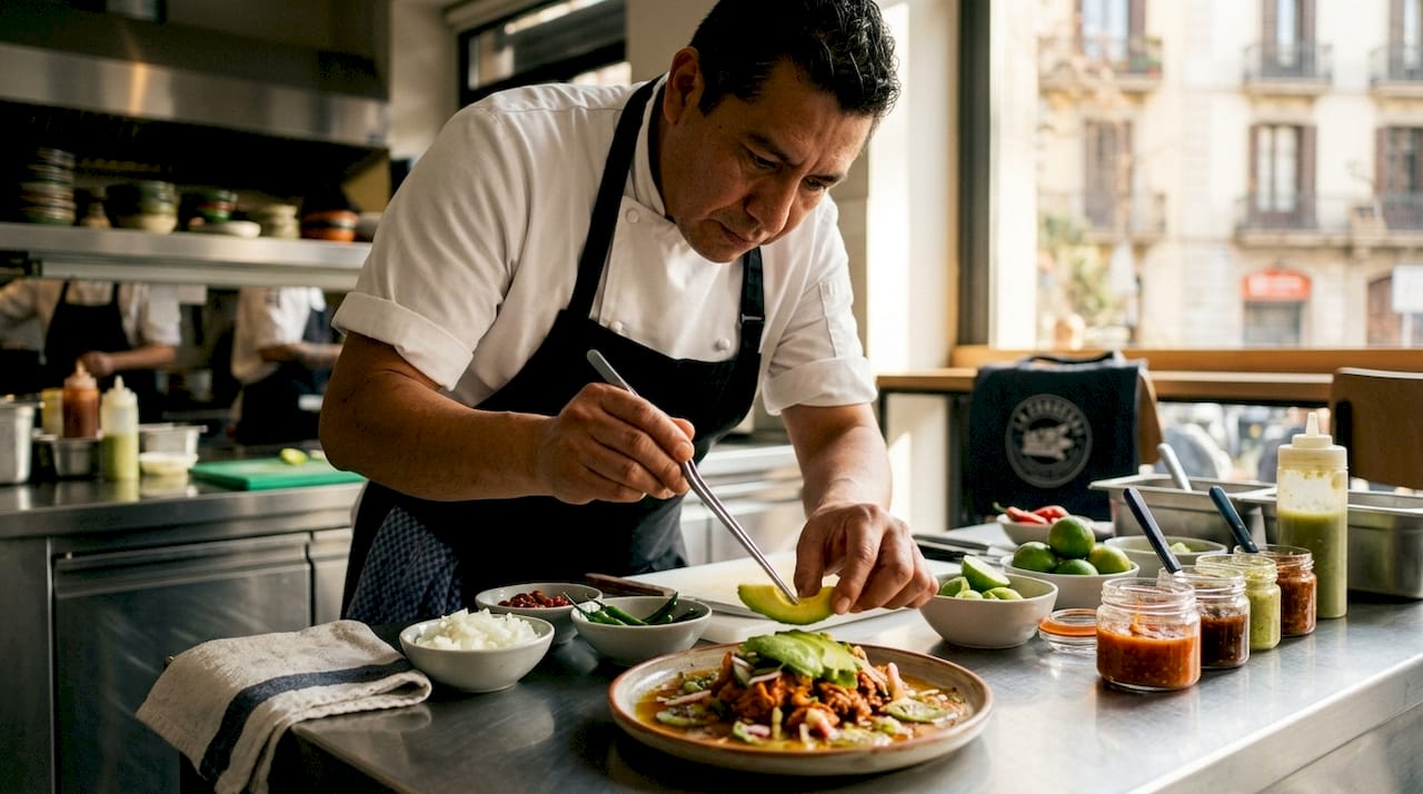 Un chef se encuentra en la cocina, preparando un platillo tradicional mexicano con todo el sabor y la autenticidad de nuestras raíces.