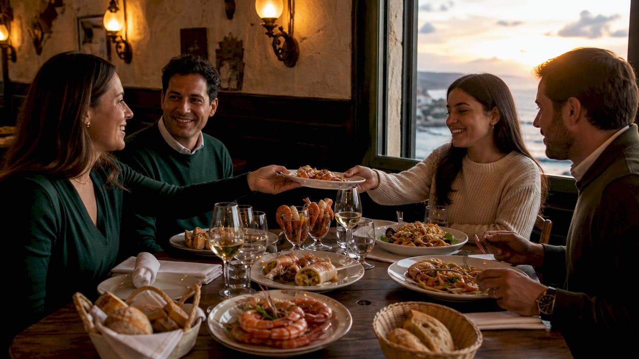 Group enjoying varied seafood dishes at restaurant table