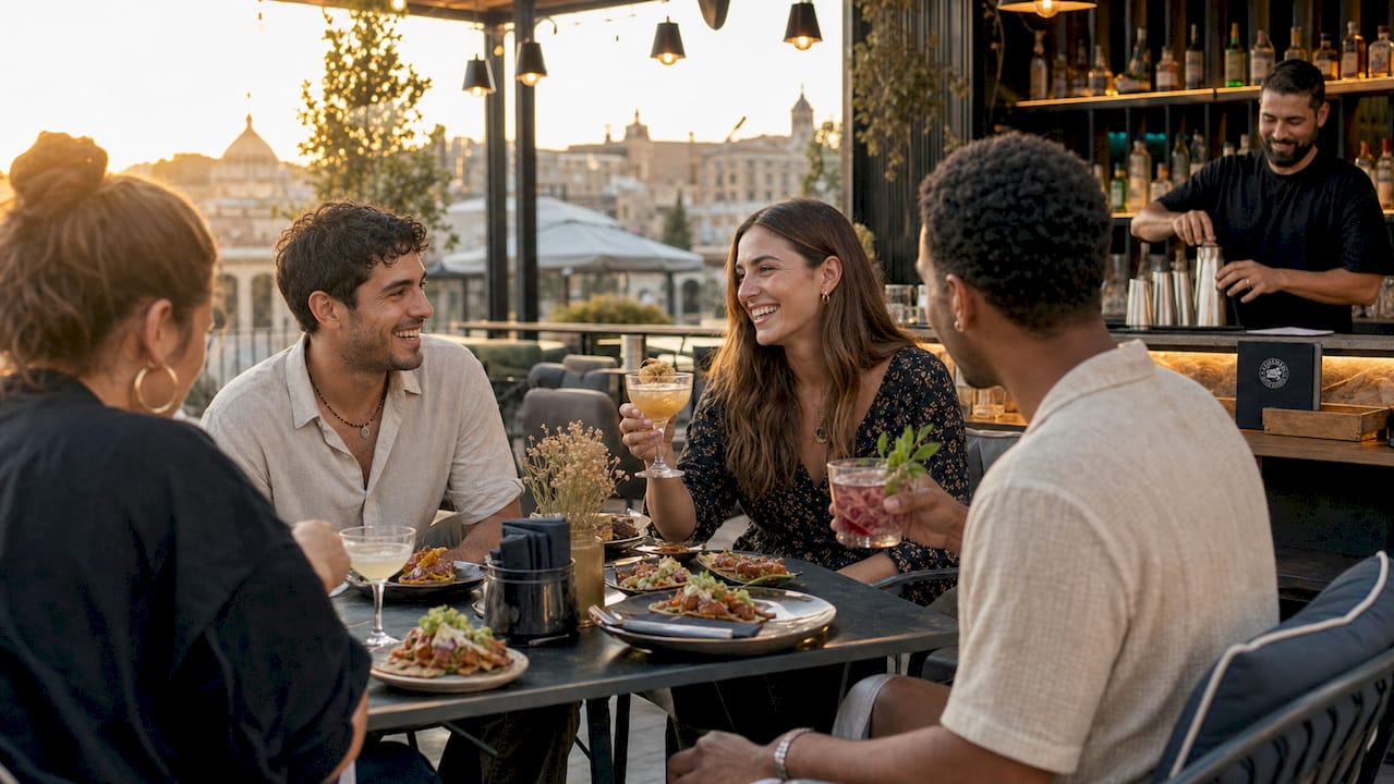 Un grupo de amigos disfruta de unos cócteles en un gastrobar con mucho ambiente.