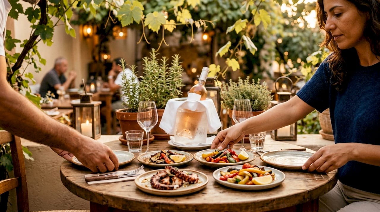 Hands sharing Mediterranean food and wine outdoors