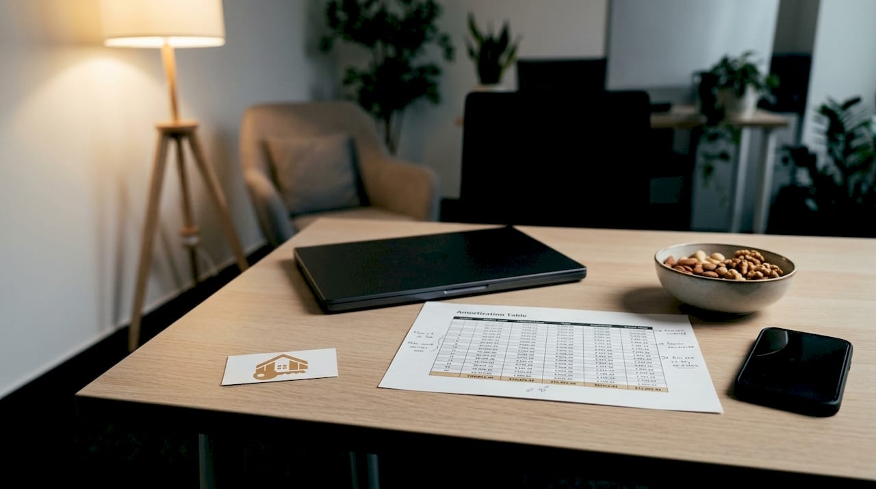 Mesa con simulador de pagos y herramientas financieras