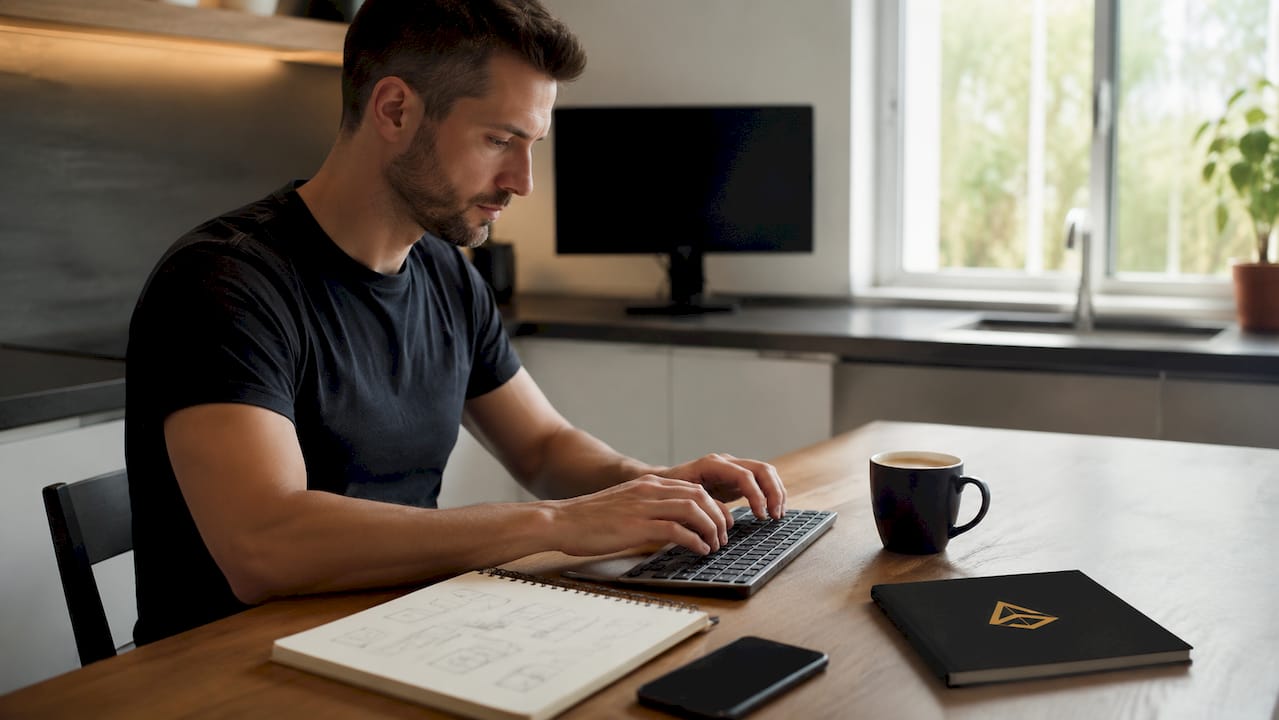 Manos escribiendo en el teclado mientras trabajan desde casa en gestión de redes sociales