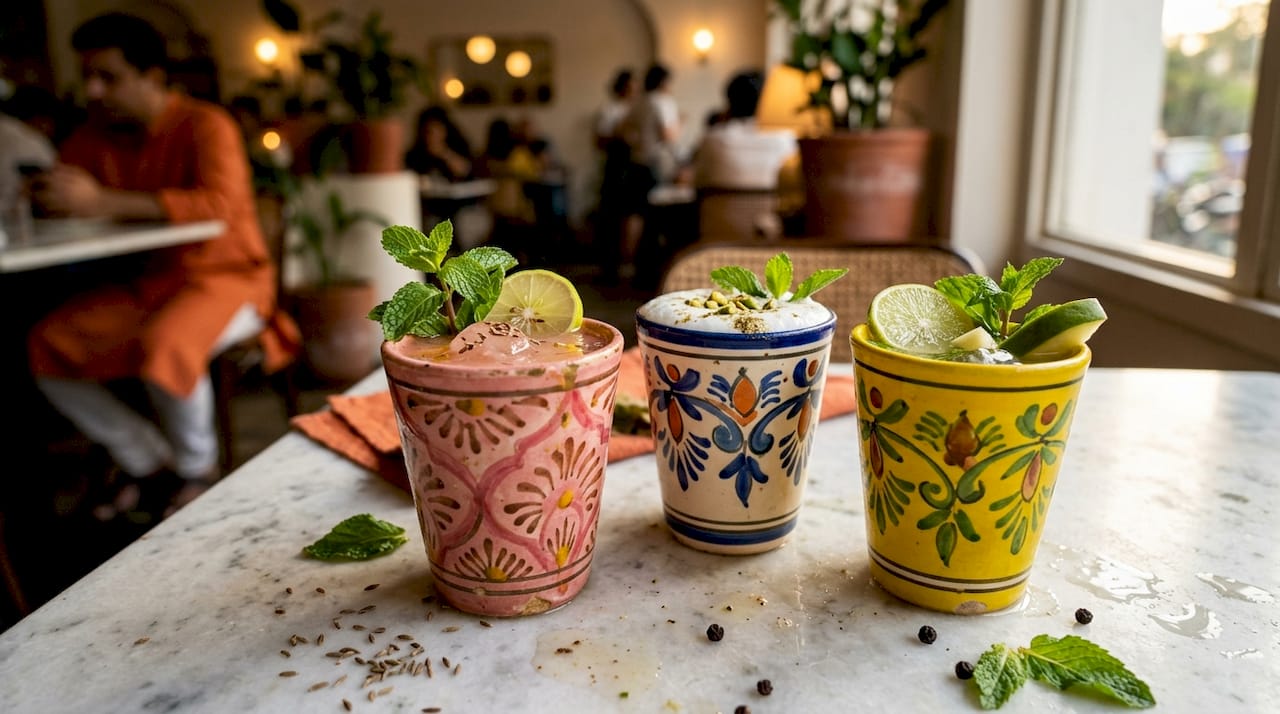 Selección de bebidas típicas de la India para refrescarte