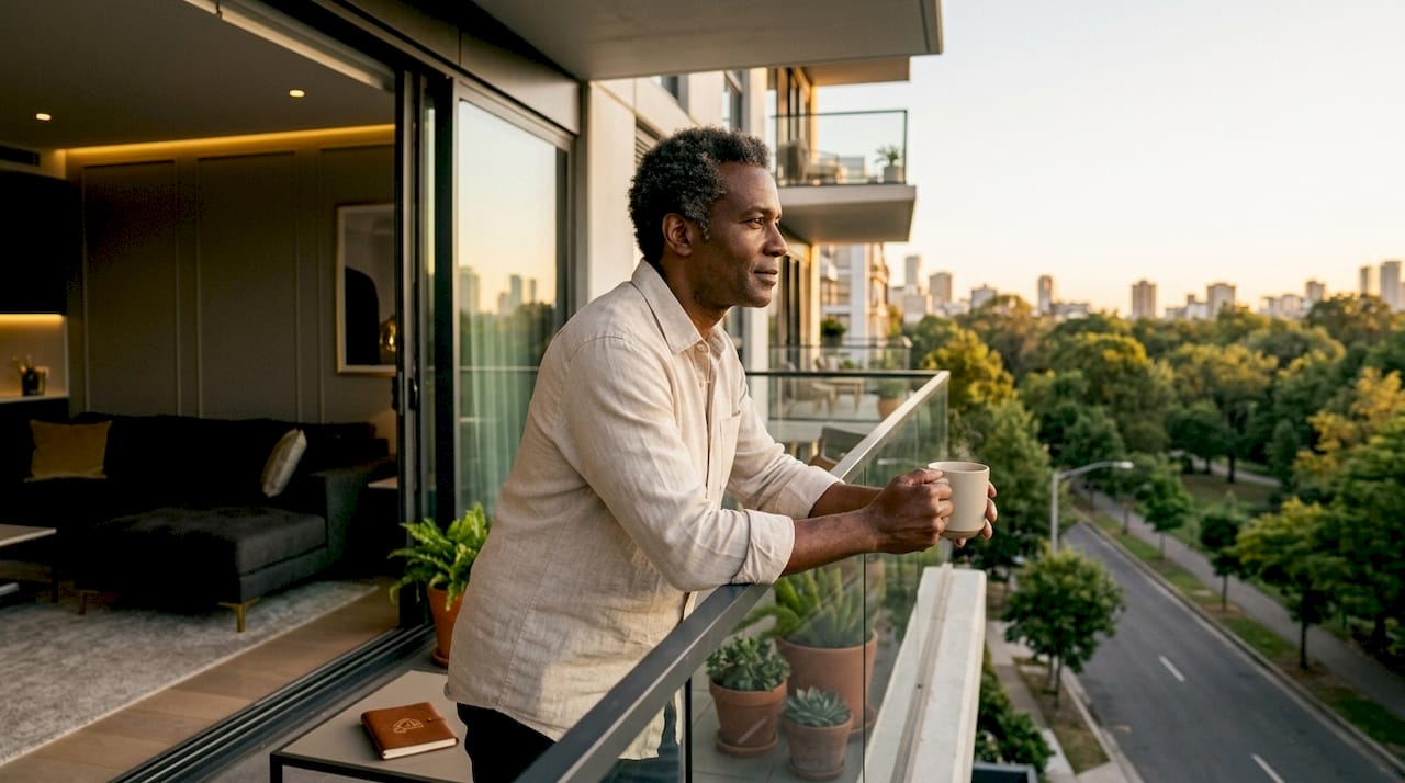 Un hombre disfruta de su café mientras contempla la ciudad desde el balcón de su piso.