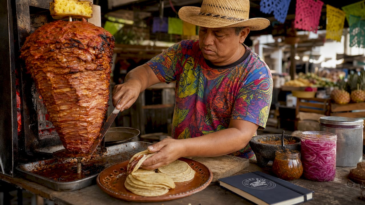 Un taquero rebanando carne al pastor en su puesto de la calle.