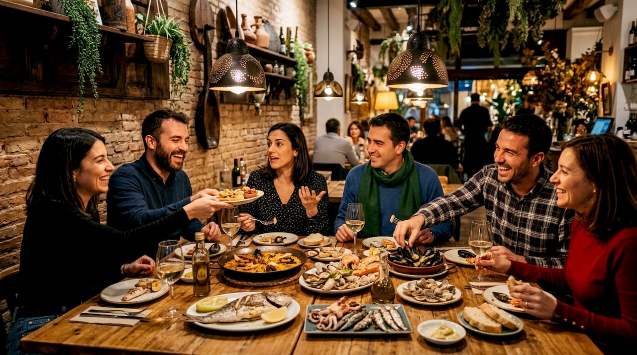 Colleagues sharing seafood meal in warm restaurant atmosphere