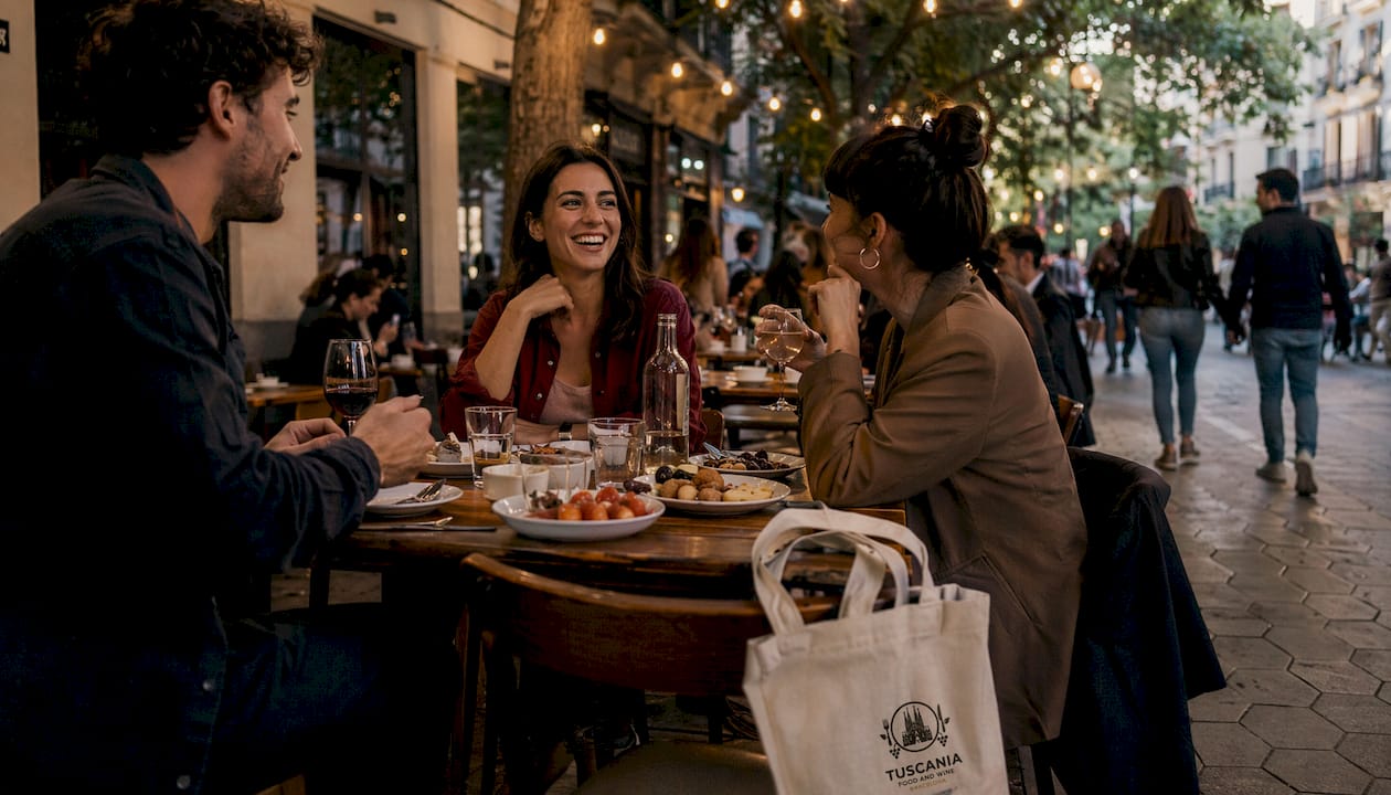 Terrazas de restaurantes en el Eixample al caer la tarde, vistas de perfil