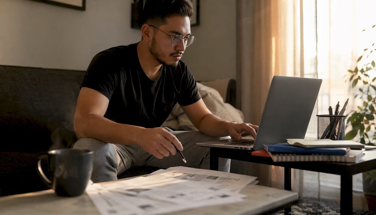 Landlord screening tenant applications at desk