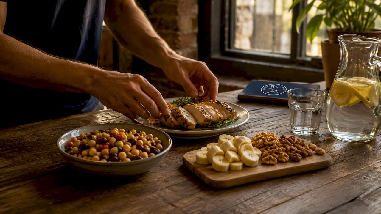 Manos colocando diferentes alimentos según su tipo de macronutriente
