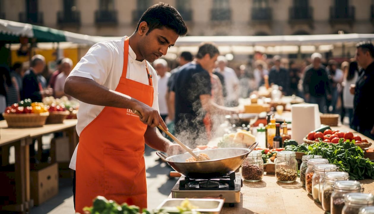 Cocinero elaborando platos típicos de la India en un puesto ambulante