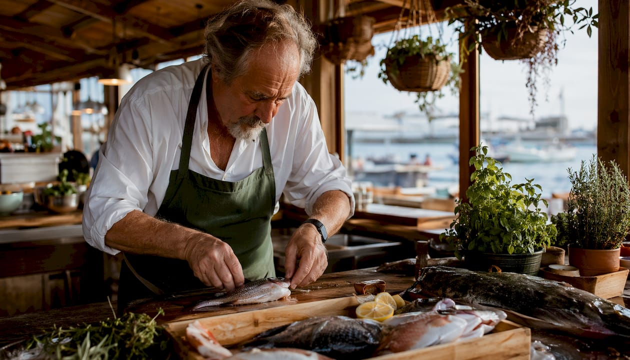 Catalan chef preparing seafood dishes in kitchen