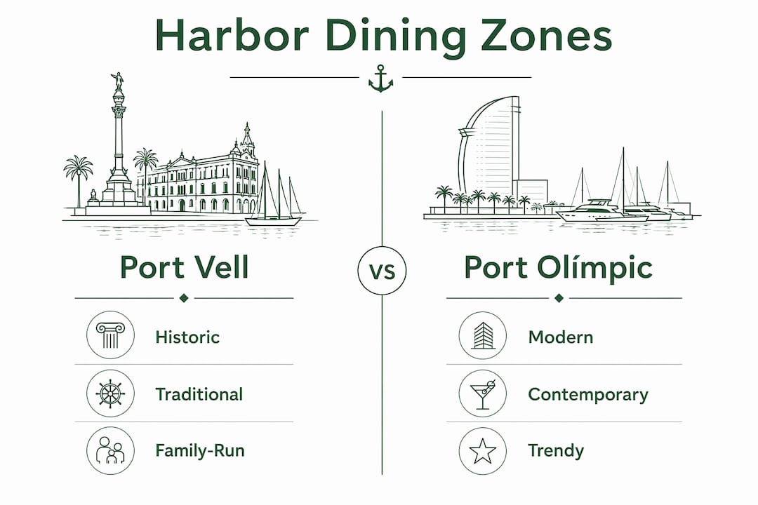 Comparison infographic of Port Vell and Port Olímpic dining zones