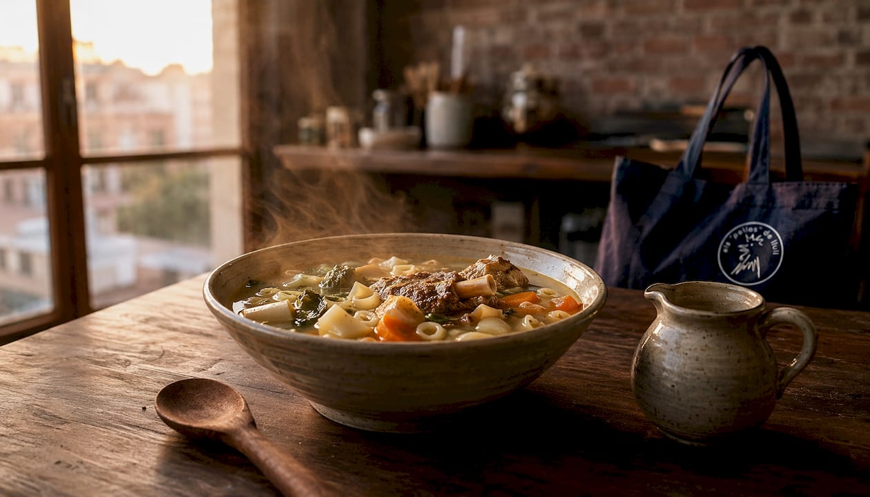 Un plato de escudella con pasta de galets