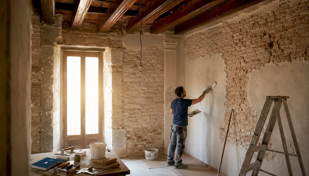 Obrero especializado realizando trabajos de reforma en el interior de un edificio histórico.