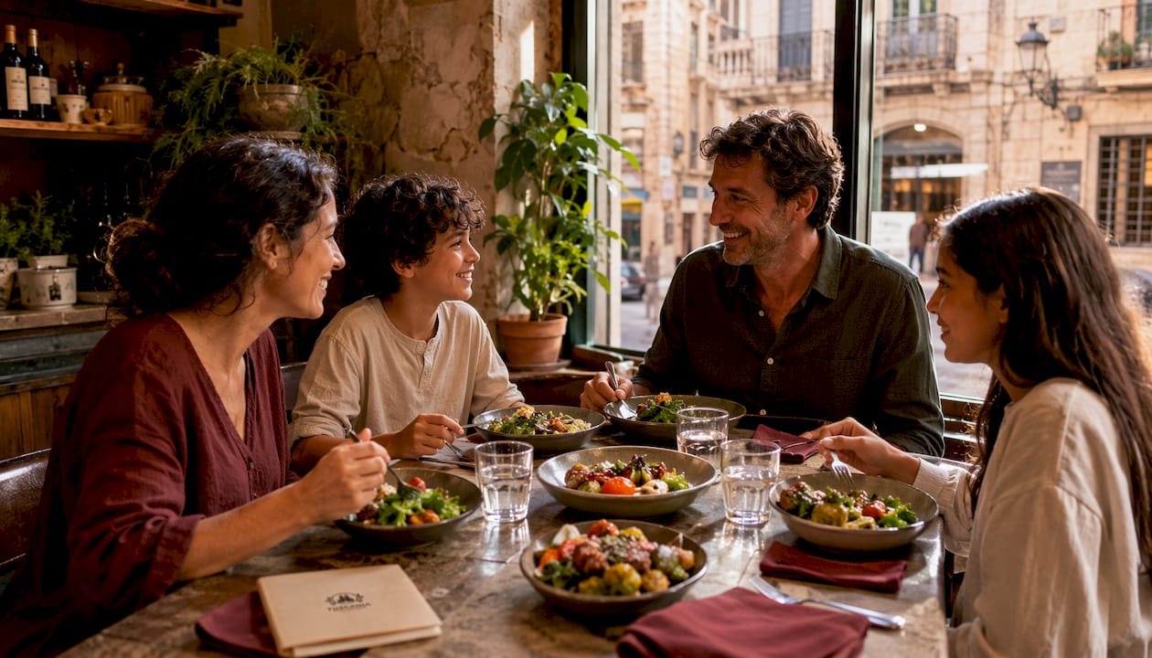 Una familia disfrutando de una comida especial adaptada a su dieta en un restaurante.