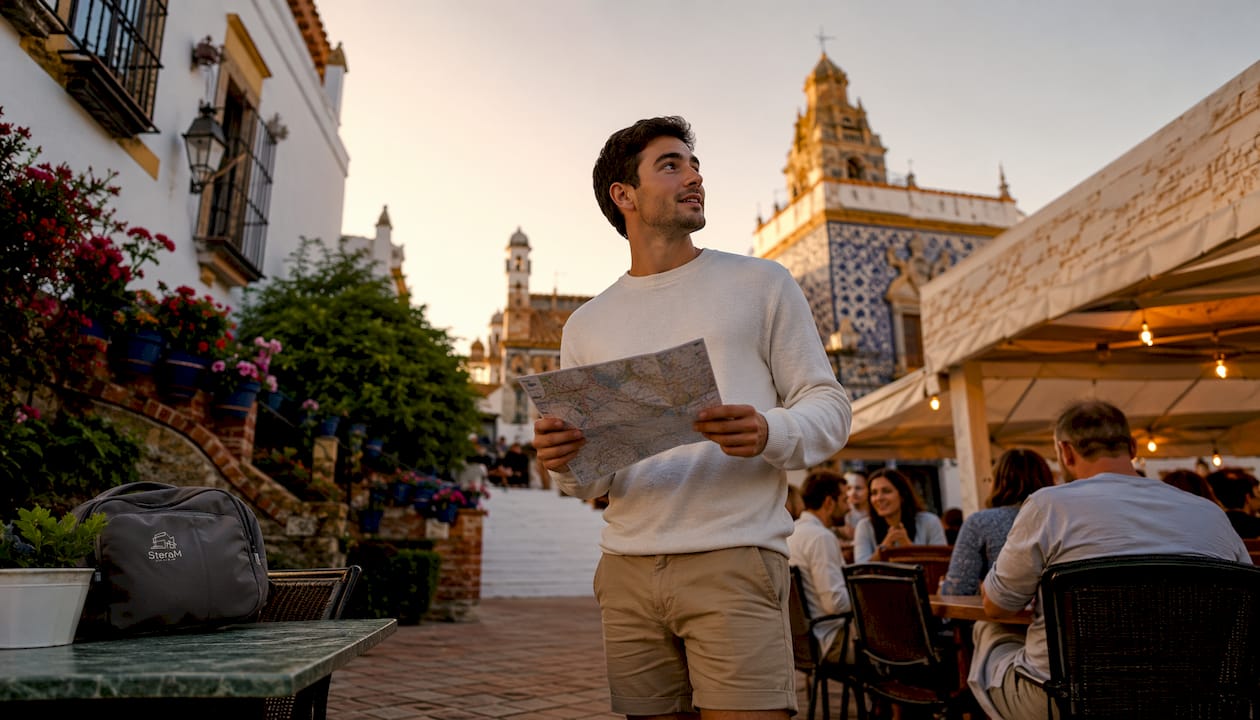 Man walking neighborhood with map in Spain