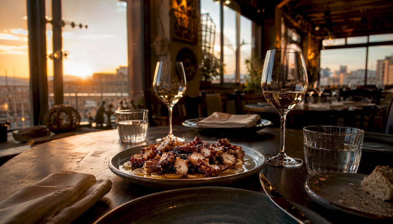 Ambiente del restaurante Altagalicia con un delicioso pulpo a feira recién servido en la mesa