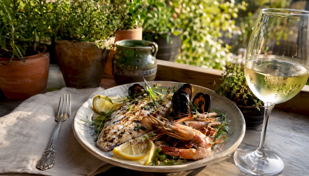 Top-down view of fresh seafood dish with wine glass