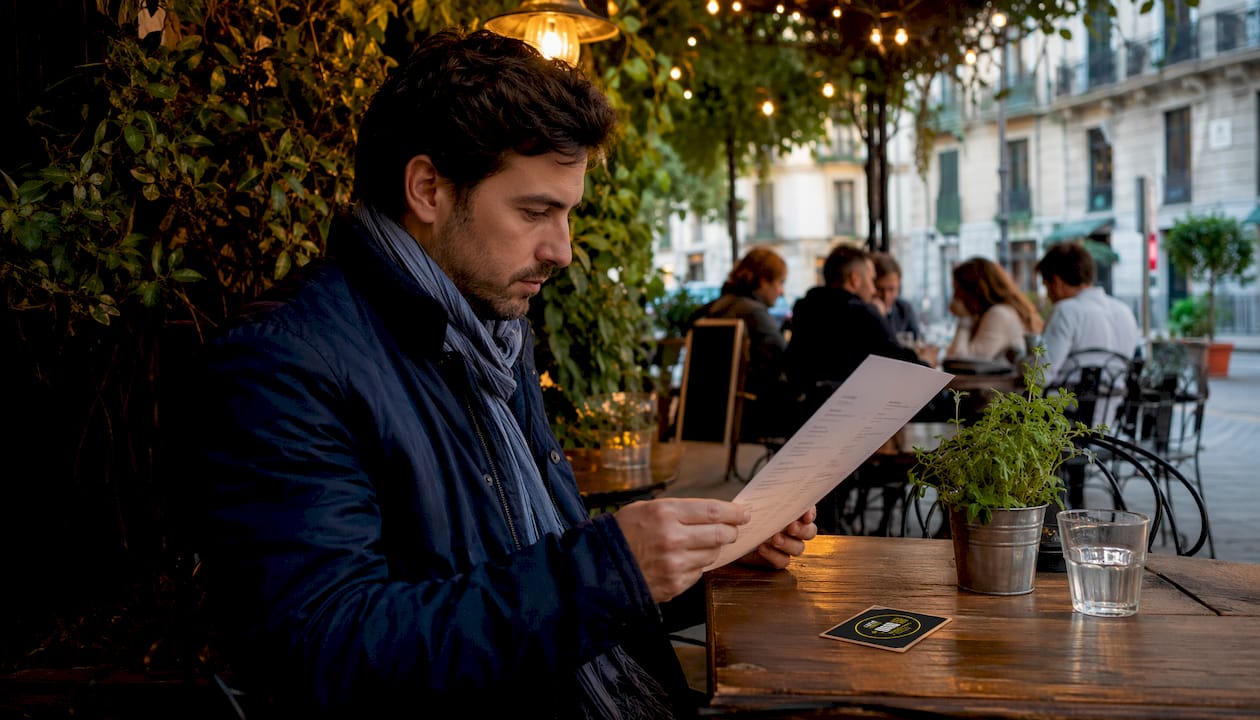 Un hombre disfruta pidiendo hamburguesas gourmet en una terraza al aire libre.