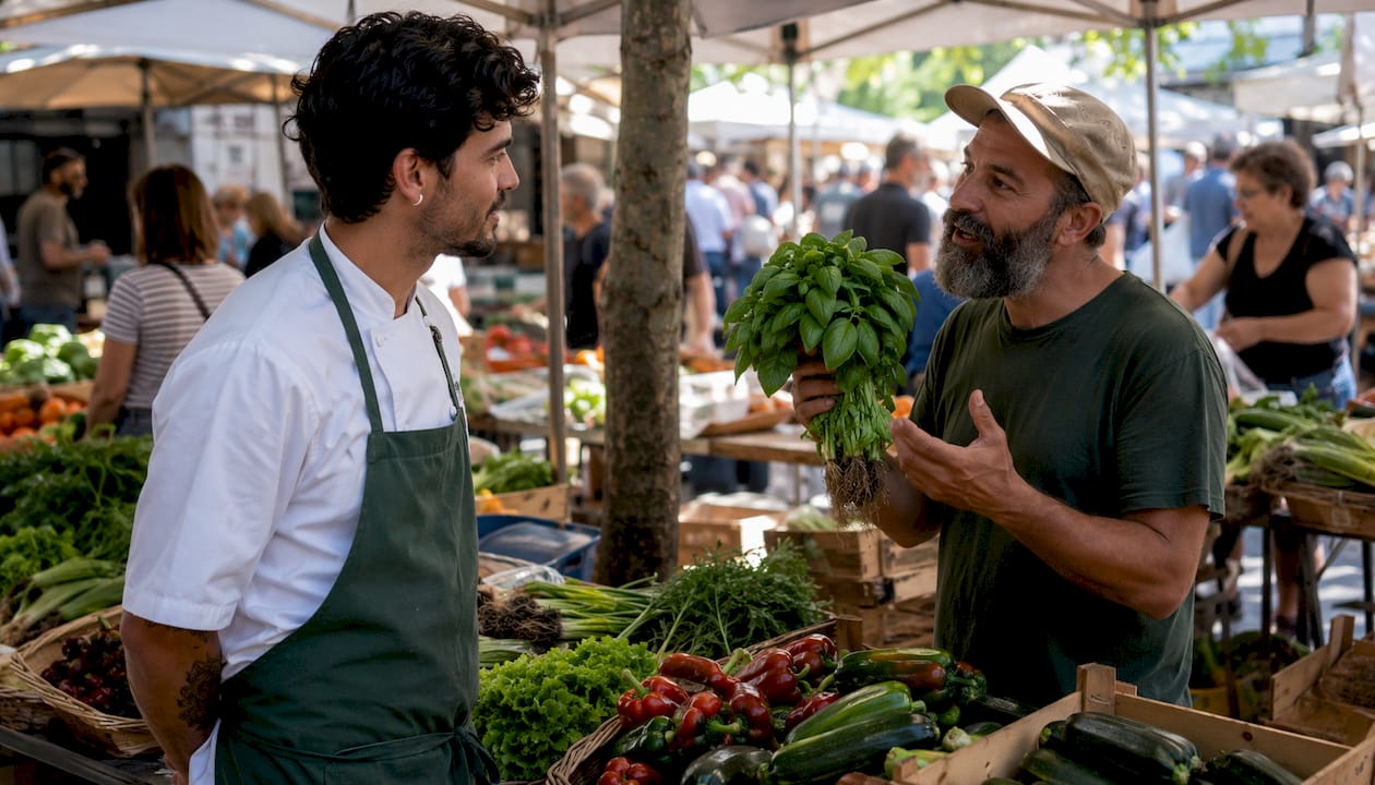 Chef and farmer discussing fresh produce at market