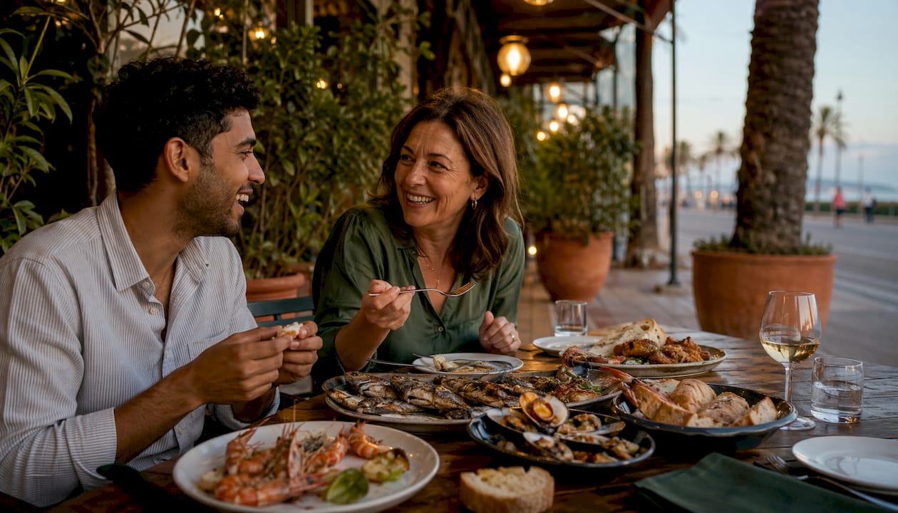 Overhead view of diners sharing Catalan seafood meal