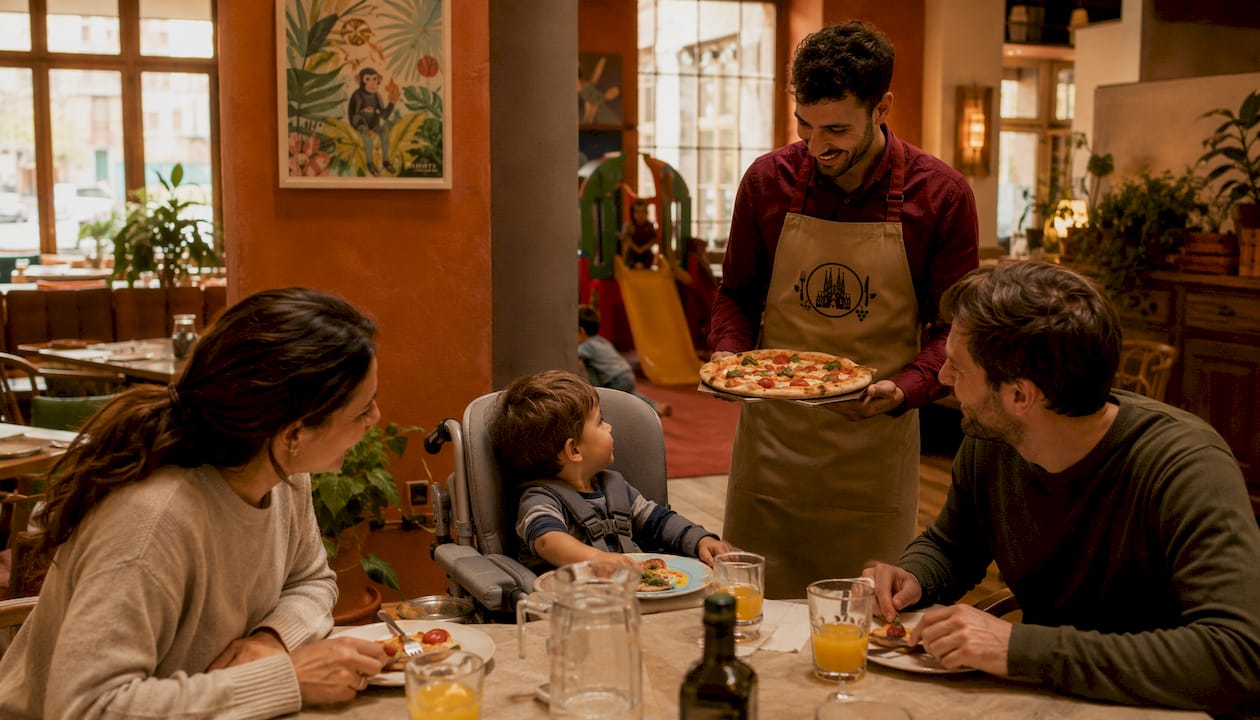 Espacio para comer en familia, con silla para bebés incluida.