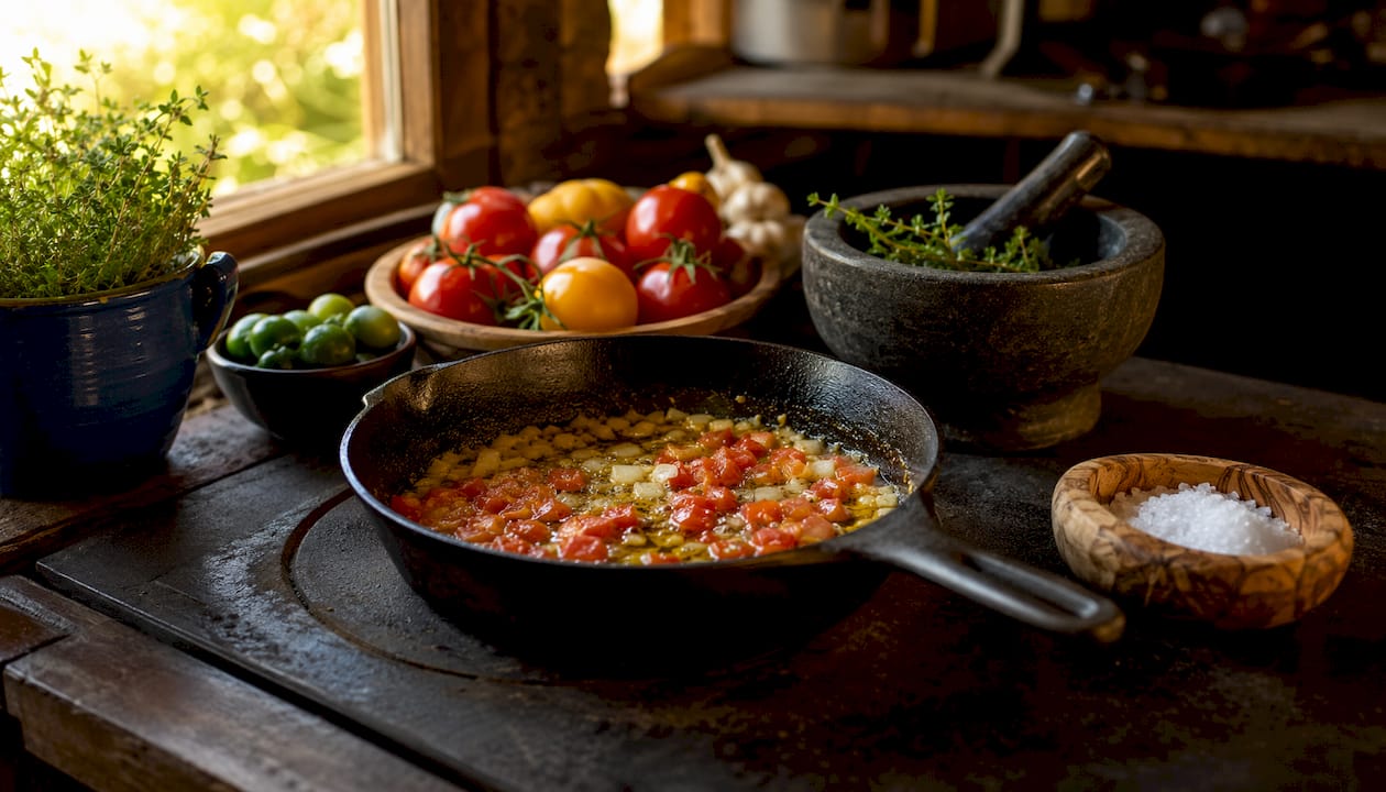 Overhead view of Mediterranean sofrito cooking