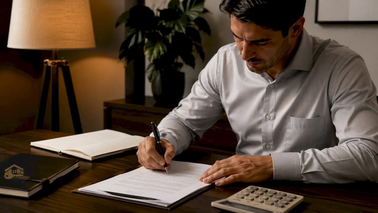 Personas rubricando un contrato de alquiler sobre la mesa