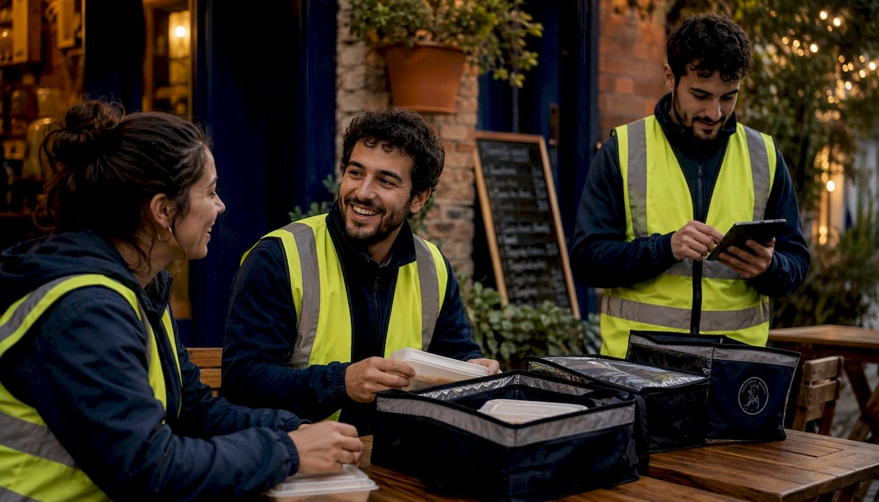 El equipo de repartidores preparando y organizando los pedidos antes de salir a entregar.